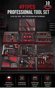 491Pcs Professional Tool Set with EVA Foam Trays Socket Wrench Kit for Tool Chest Cabinet Trolley Auto Repair
