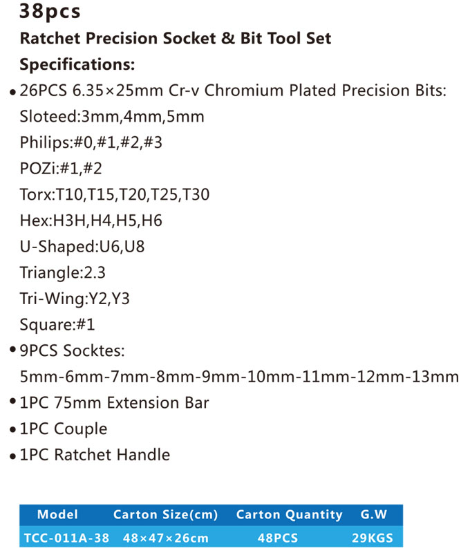 TCC-011A-38 Injection molding tool box with Ratchet Precision socket and bit set01