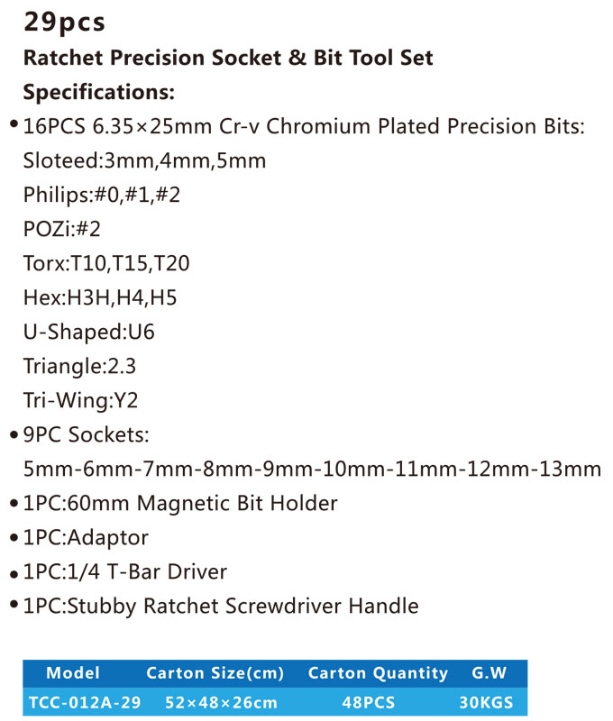 TCC-012A-29 Injection molding tool box with Ratchet Precision socket and bit set