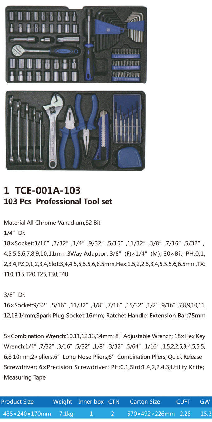 TCE-001A-103 Iron tool case with Professional tool set-1
