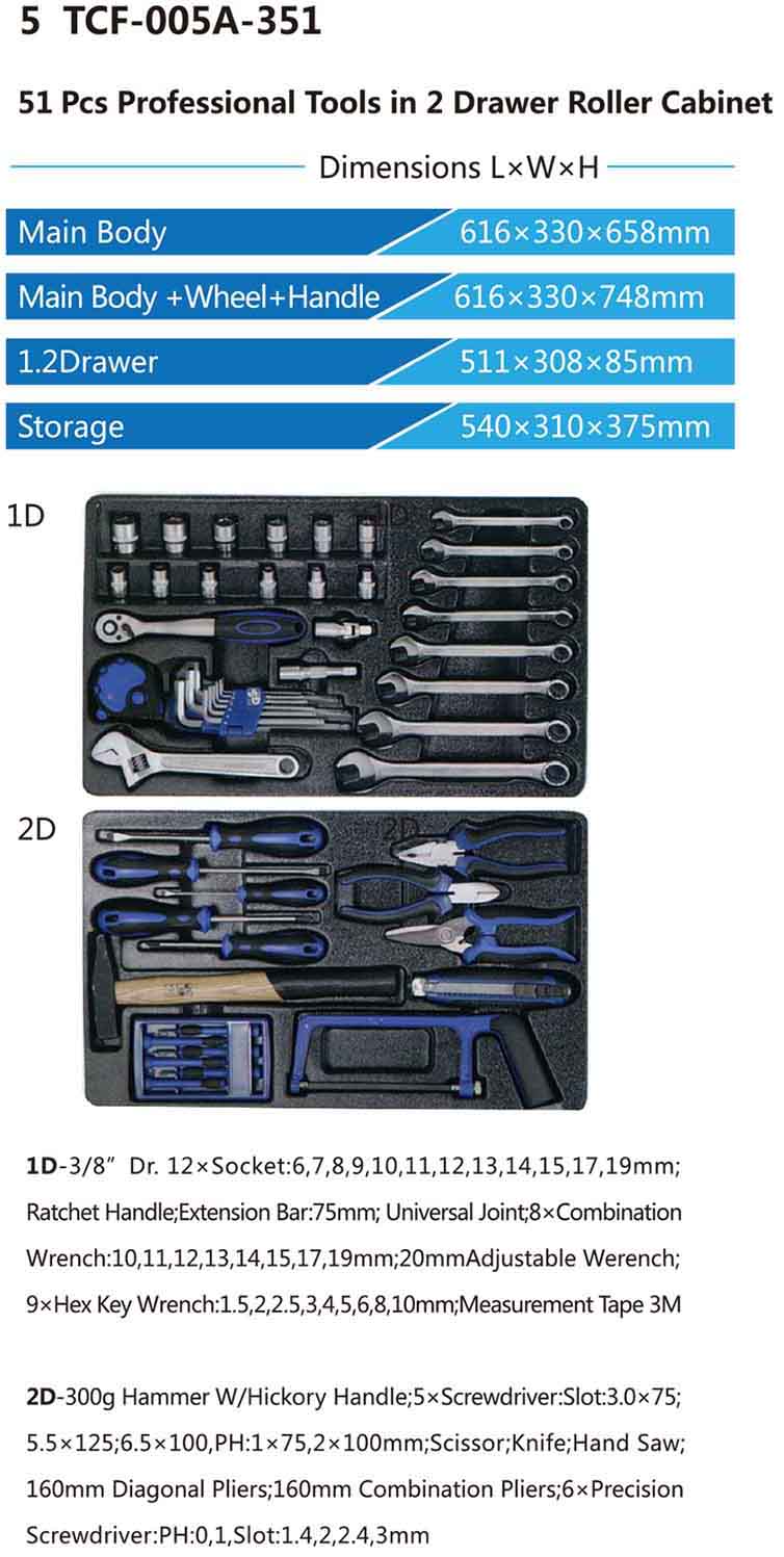 TCF-005A-351 Professional Tool Roller Cabinet in 2 Drawers -01