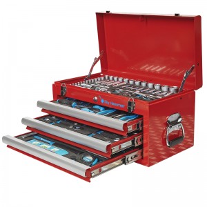 Red three-layer iron tool box with tools